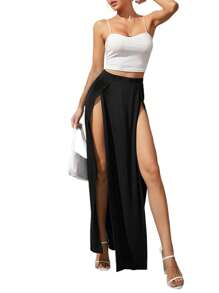 Women's Elastic High Waist Skirt, Solid Color Side High Split Loose Fit Sweat Absorption Long Beachwear Skirt - 黑色 - 查看 4