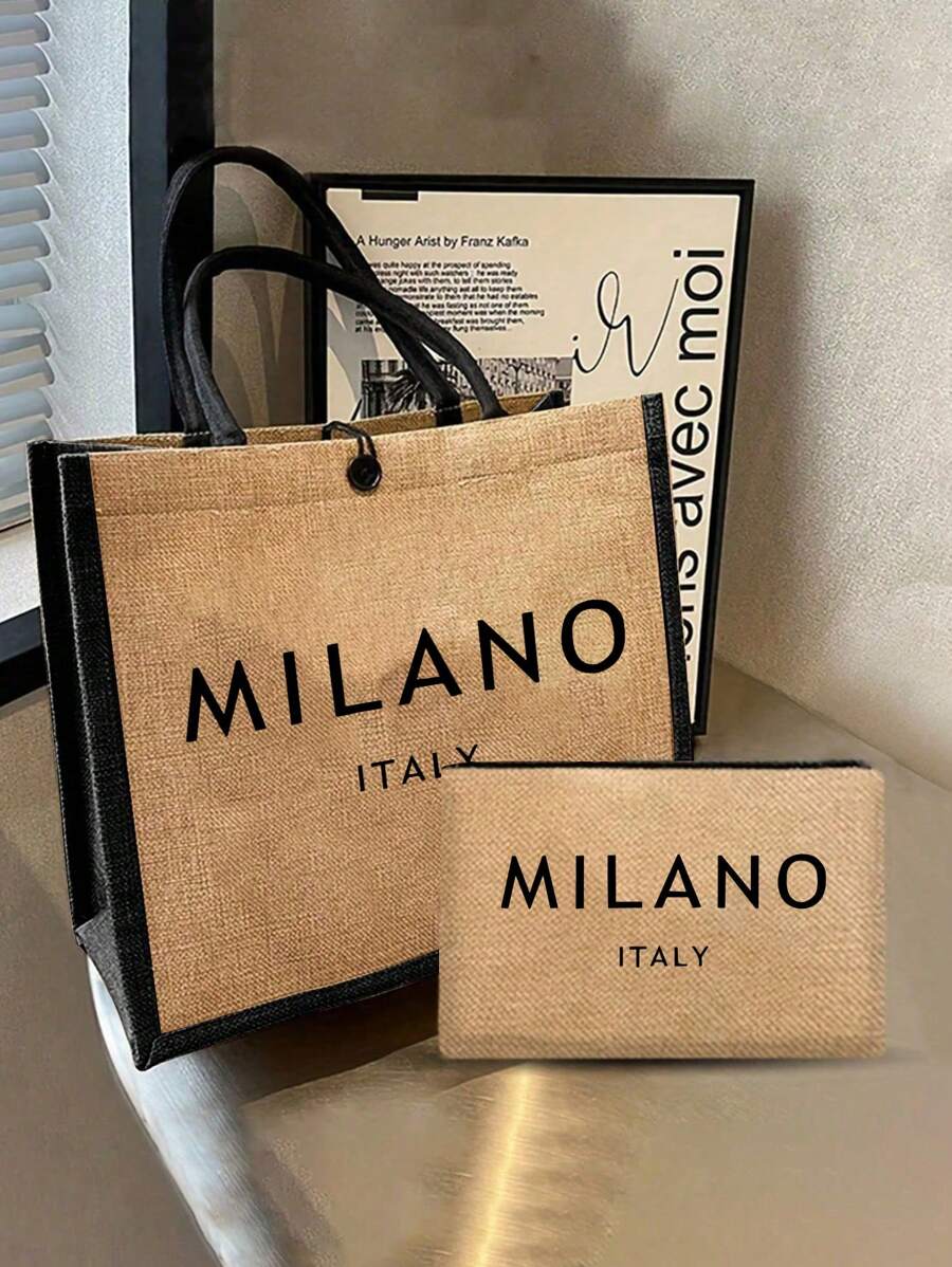 1 Set Of Linen Tote Bag & Pouch, Including 1 Canvas Tote Bag Printed With "Milan Italy" Text And 1 Patterned Pouch With Lettering Design, Personalized Gift Packaging, Lightweight Shopping Bag With Mini Coin Purse. Versatile Bag Set Suitable For Weddings, Birthdays, Beaches, Vacations, And A Perfect Gift For Women. - Khaki - View 1
