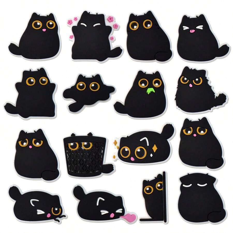 16PCS Cute Big Eyed Black Cat Pattern Shoe Charms Set For Clogs Bubble Slides Sandals, PVC Shoe Decorations Beach Bag Accessories Gift Idea For Birthday Christmas Halloween Party Favors