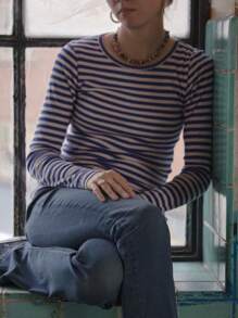 Women's Rib Knitted Striped T-Shirts Contrast Color Slim Fit Long Sleeve Round Neck Casual Tee Tops - Blue - View 3
