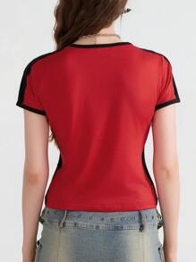 Y2k Baby Tees Women Raglan Short Sleeve Graphic Printed Tees Crop Tops Contrast Color Slim Fit T Shirts Teen Girls Summer Vintage Aesthetic Clothes Streetwear - 紅色 - 查看 8
