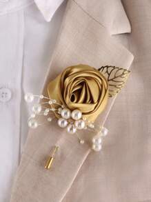 Men's Golden Leaf & Faux Pearl Rose Design Elegant Lapel Brooch Pin, Suit Accessory XH815B Valentines - Length 10cm*Width 5cm - View 6