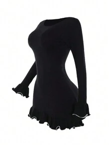 性感波浪卷边荷叶边迷你毛衣连衣裙，可爱风，街头风，时尚，适合派对、情人节、新年等场合 - 黑色 - 查看 12