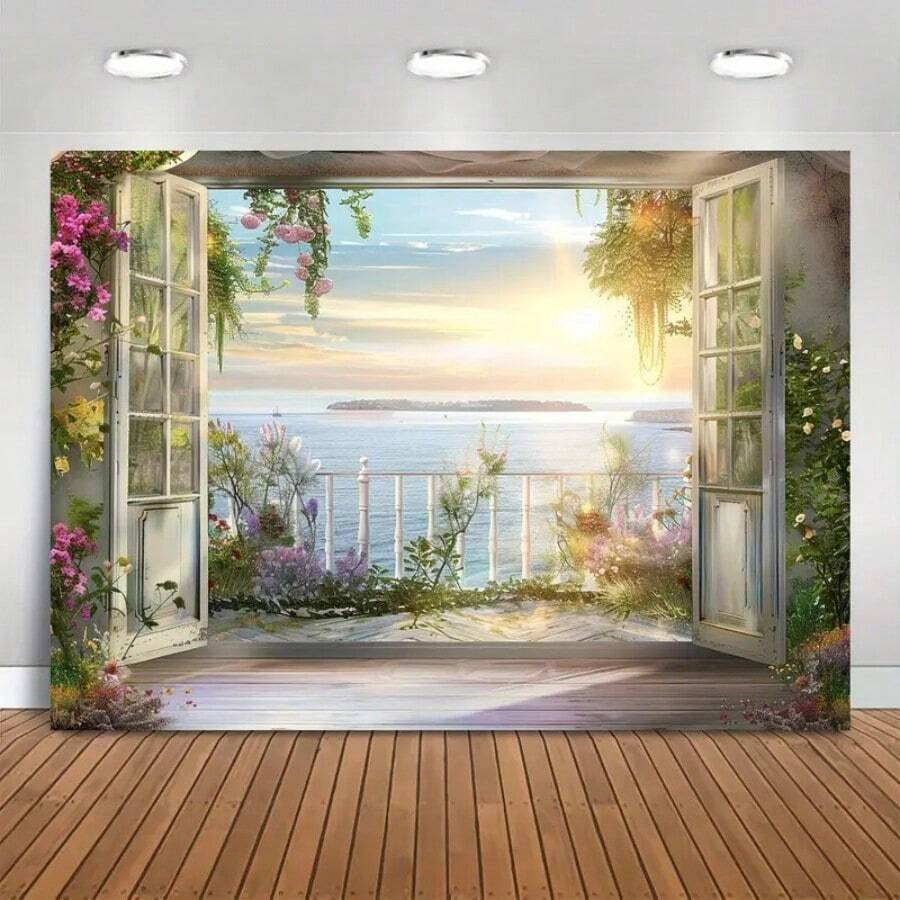 1pc,浪漫窗外风景摄影背景,窗外美丽风景和盛开的花园春天背景,家居装饰摄影棚拍摄影棚道具,派对装饰用品,家居墙面装饰用品,室内外装饰 - 彩色 - 查看 1