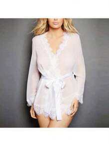 Women's Sexy Perspective Lace Kimono Robe Sleepwear Pajama Set With Thong - 白色 - 查看 3