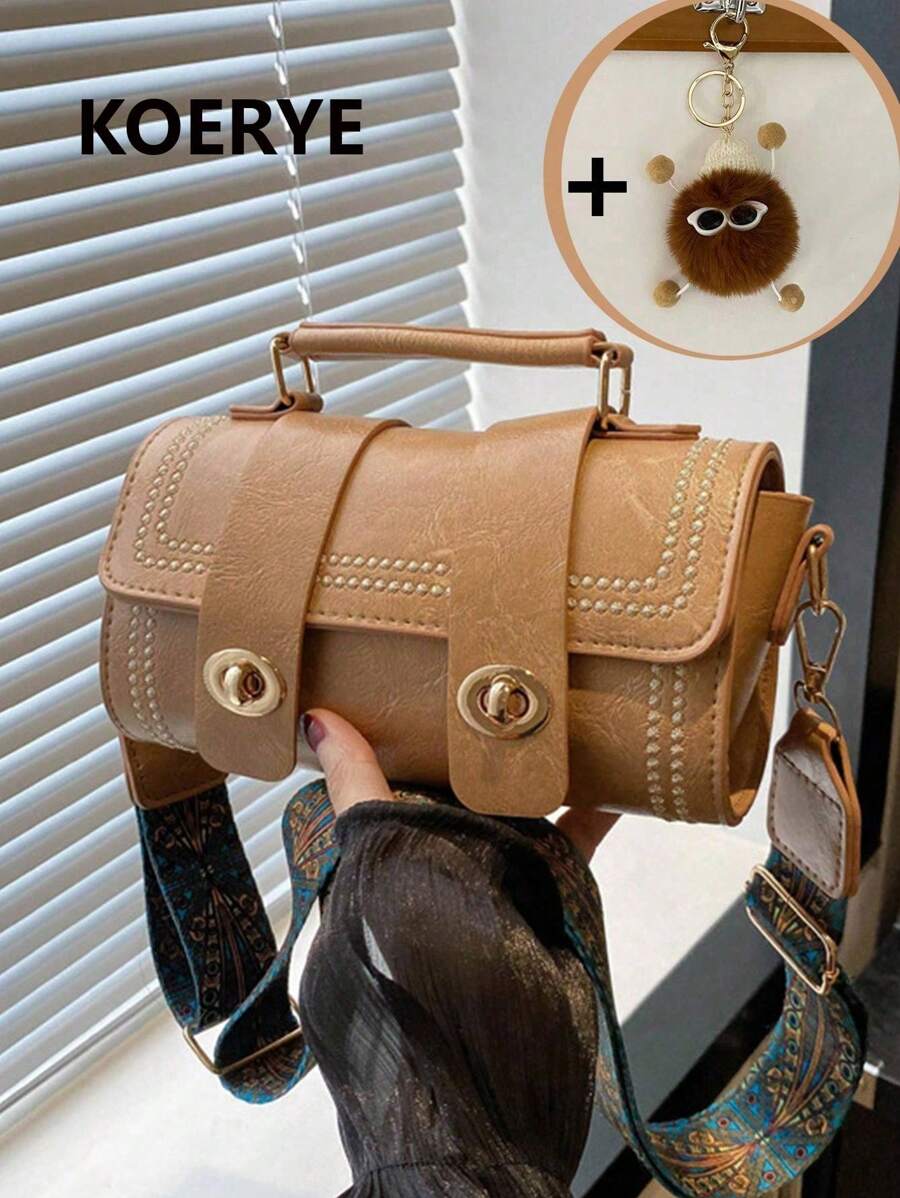 1pc Mini Retro Cylinder Handbag For Women, Daily Use (With Furry Decor) - Khaki - View 1