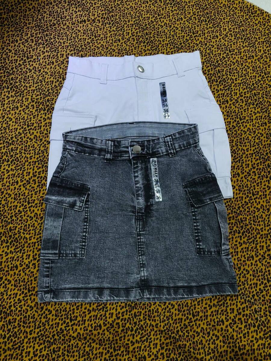 Kit 2 Women's Cargo Denim Skirt With Elastane - Nhiều màu - Xem 1
