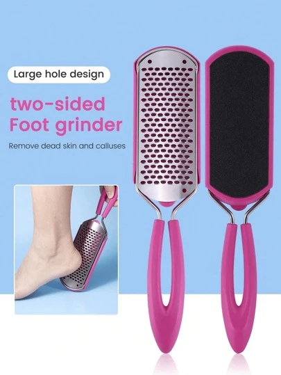 双面不锈钢磨脚器，带手柄，轻松去除老茧、脚后跟干裂、死皮和硬化皮肤，适用于干湿足部护理