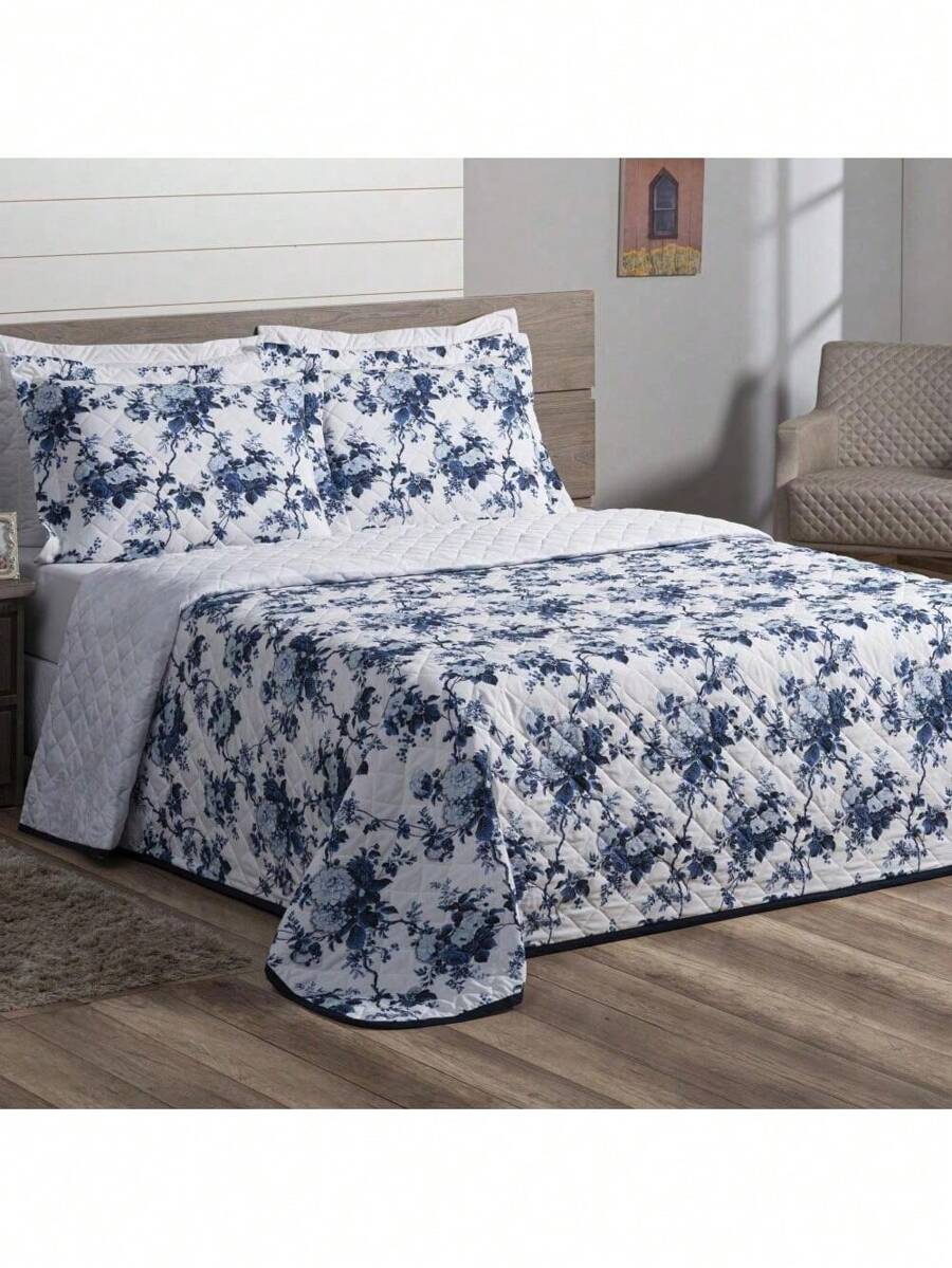Kit 03 Pieces Bedspread Queen King Fascinio 100% Cotton Soft Touch Double-Sided Quilted Printed - 藍色 - 查看 1
