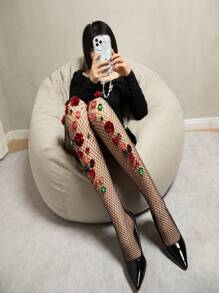 Medias transparentes ultra finas de color negro con malla transparente, perlas falsas, lentejuelas brillantes y hermosas flores, flor roja hecha a mano con rhinestones, piedras preciosas, sexy y atmosférico, personalizado, mallas de red exageradas - Negro - Ver 7