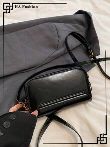 复古单肩包，时尚油皮可调节肩带斜挎包，日常通勤迷你方包 - 黑色 - 查看 7