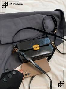 复古单肩包，时尚油皮可调节肩带斜挎包，日常通勤迷你方包 - 黑色 - 查看 6