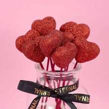 10pcs Glitter Foam Heart Sticks, Suitable For Mother's Day, Vase Decor, Birthday Party, Cake Decor, Wedding Bouquet