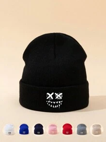 MAKEFGE 1pc Unisex Autumn/Winter Black Outdoor Casual Fashion Smiling Face Embroidery Beanie Hat, Soft Warm Simple Lightweight Knit Cap For Daily Matching