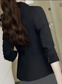 Women's Solid Color Single-Button Elegant Blazer - 黑色 - 查看 2