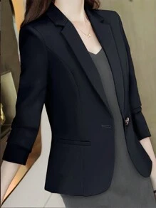 Women's Solid Color Single-Button Elegant Blazer - 黑色 - 查看 3