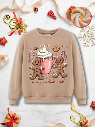 Weihnachtlich buntes Lebkuchenmann- und Tassen-Aufdruck Pullover Hoodie mit Kurve für Damen und Mädchen, weich, bequem, lässig, Streetwear, Campusstil, Cartoon, Herbst/Winter