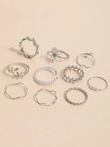 Bộ 10 chiếc nhẫn đốt ngón tay hình hoa rỗng, lá và ngọc trai giả cho ngày lễ tình nhân - Bạc - Xem 2