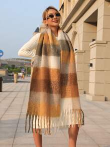 1pc Autumn/Winter New Women's Imitation Cashmere Checkered Thicken Tassel Scarf, Extra Long And Soft, Warm And Fashionable For Travel And Daily Christmas