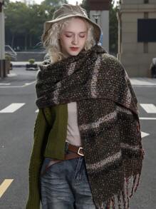 1 件复古优雅条纹仿羊绒针织柔软亲肤超大厚实保暖防风女士围巾，适合日常、通勤、休闲、户外、节日礼物、时尚高端配饰 - 彩色 - 查看 5