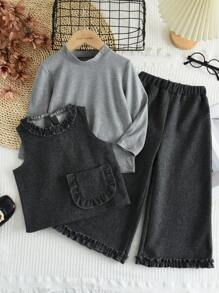 3pcs Young Girl Casual Plain Half Collar Base Shirt & Side Pockets Vest & Lace Trousers For Autumn And Wintter