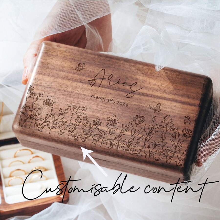 Wood Jewelry Box, Christmas For Her, Bridesmaid Gift, Birth Flower, Gift For Her, Custom Jewelry Travel Case, Engraved Jewelry Box - Brown - View 1
