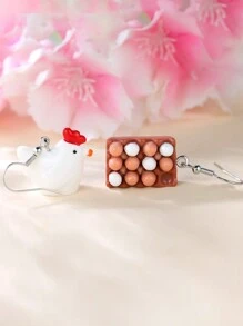 Tsnamer 1 Pair Unique Asymmetric Egg & Chick Design Earrings - White - View 3