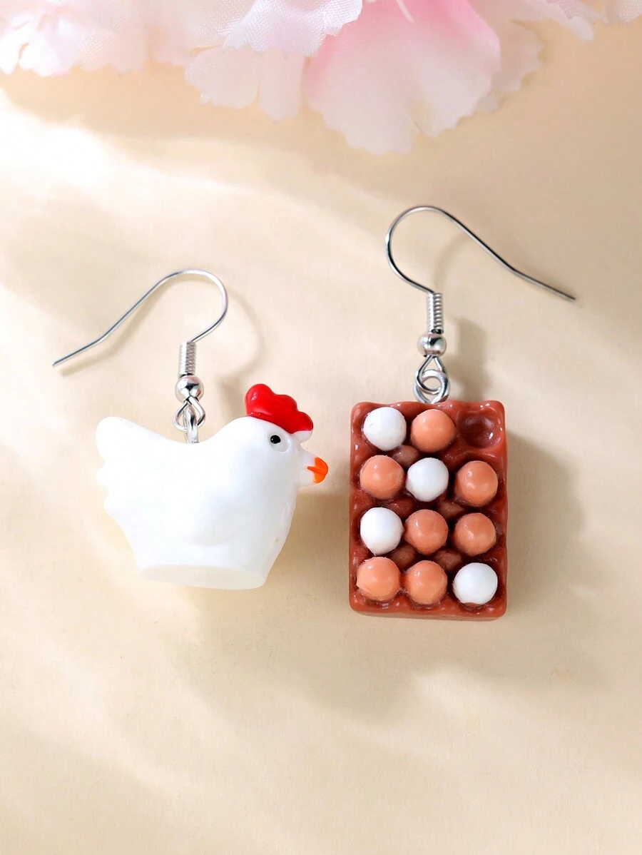 Tsnamer 1 Pair Unique Asymmetric Egg & Chick Design Earrings - White - View 1