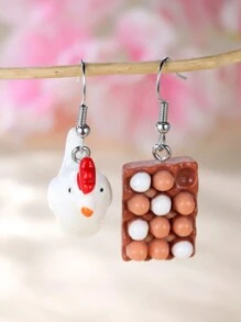 Tsnamer 1 Pair Unique Asymmetric Egg & Chick Design Earrings - White - View 4