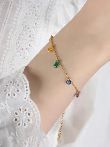 1pc Elegant & Chic Glass & Rhinestone Decor 18k Gold-Plated Stainless Steel Bracelet, Suitable For Women's Daily Life & Outfit Or As Gift