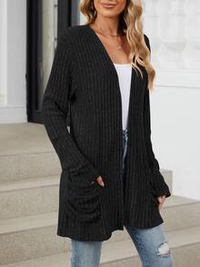 Women's Solid Color Pocket Long Sleeve Cardigan Sweater, New Autumn/Winter Collection - Black - View 6