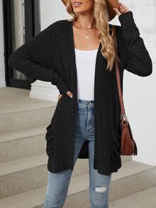 Women's Solid Color Pocket Long Sleeve Cardigan Sweater, New Autumn/Winter Collection - Black - View 3