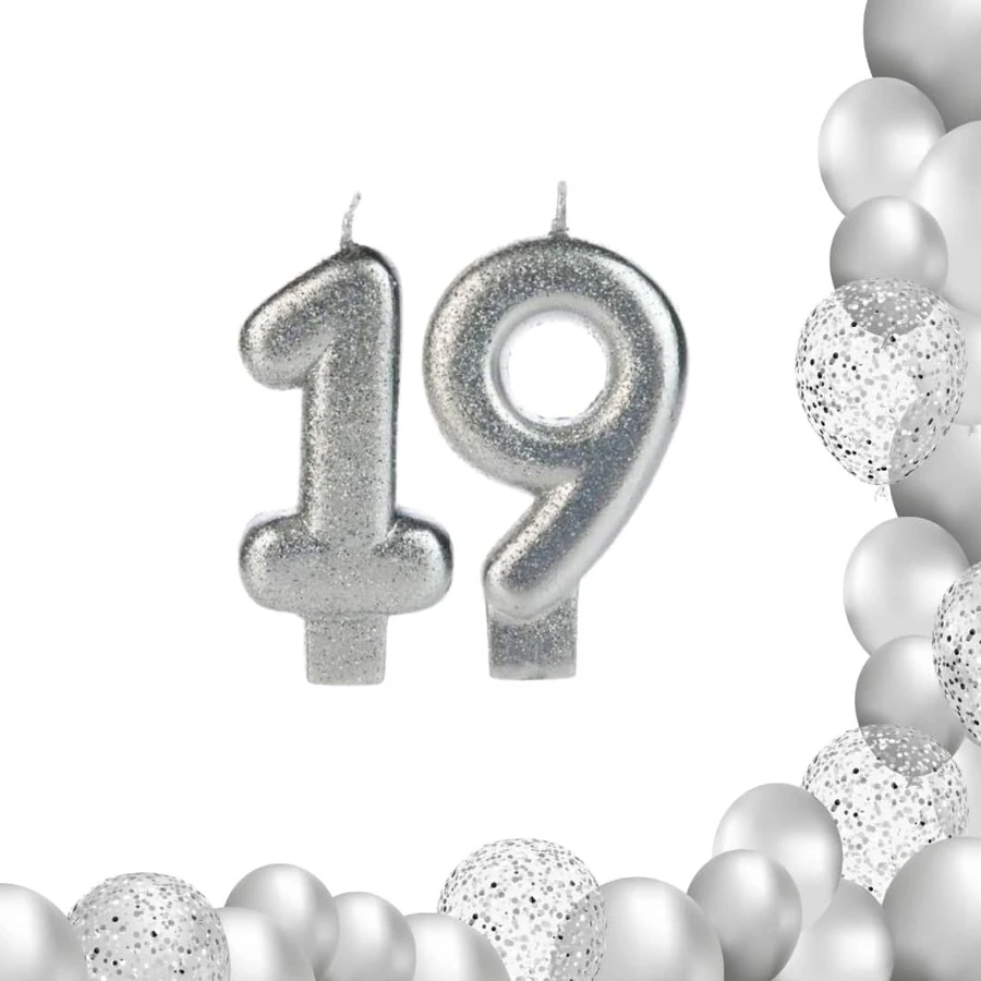 2 Number Birthday Candles Silver Glitter Shine - 19/91 años - Ver 1