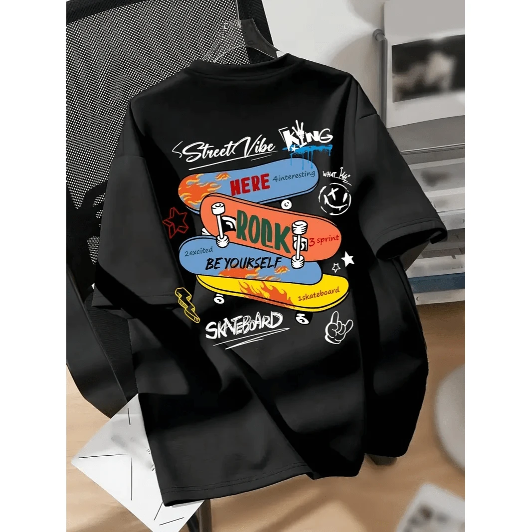 Skates Street Vibe Oversized T-Shirt (BACK) Men Women Cotton Shirt Reinforced Stitching Unisex StreetWear - 黑色 - 查看 1