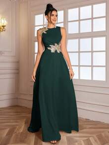 Elisanya 高端品质3D立体花卉高开衩晚礼服，派对礼服，婚礼宾客礼服，正式礼服，晚宴礼服 - 墨綠色 - 查看 6