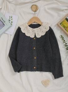 Tween Girl Knitted Embroidered Collar Button Up Cardigan Sweater