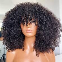 Afro Kinky Curly Wigs With Bangs 200% Density Brazilian Remy Human Hair Wigs Short Afro Curly Wigs For Women 18 Inches Blend Hair Wig - #1B 黑色 - 查看 5