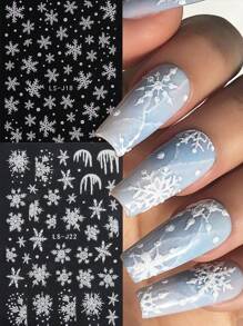 2 miếng dán móng tay 3D lấp lánh hình bông tuyết giáng sinh nai sừng tấm mùa đông tuyết trượt thiết kế hình trái tim bằng bột sáng bóng - trắng - Xem 1