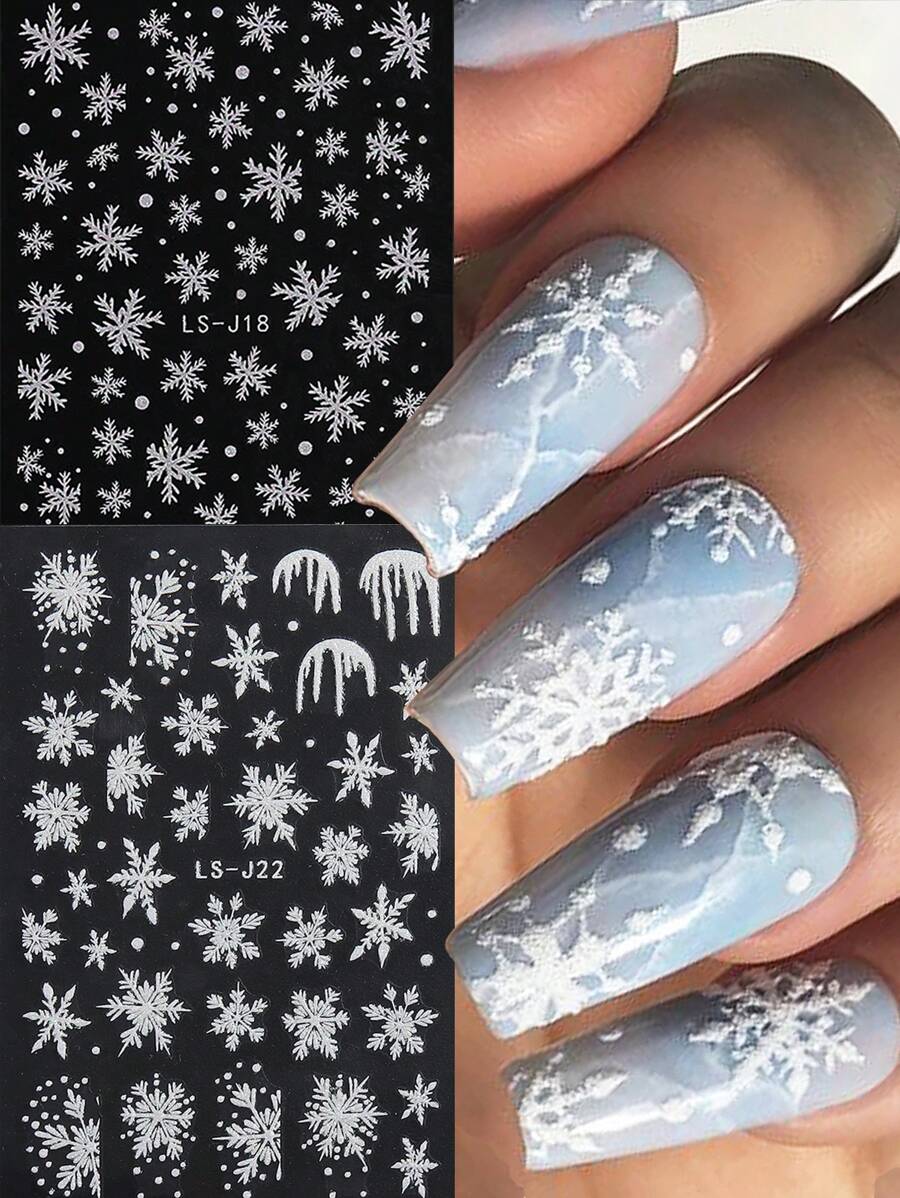 2 miếng dán móng tay 3D lấp lánh hình bông tuyết giáng sinh nai sừng tấm mùa đông tuyết trượt thiết kế hình trái tim bằng bột sáng bóng - trắng - Xem 1