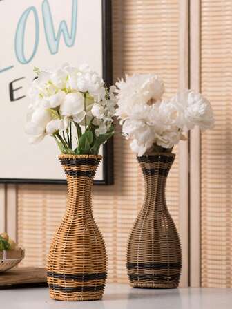 Rustic Hand-Woven Vintage Imitation Rattan Floor Vase - Decorative Striped Plastic Horn-Shaped Flower Vase For Indoor And Balcony, No Electricity Or Battery Required Home Decor Room Decor Glass Vase
