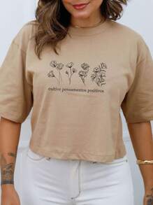 Women's Oversized Crop Top Cultivate Positive Thoughts - D34 - 米色 - 查看 3