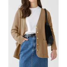 Womens V Neck Cardigan Button Loose Knit Sweater Blazer Open Front Elegant Cardigans With Pockets - 卡其色 - 查看 2