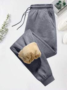 Men's Solid Color Simple Casual Warm Fleece Drawstring Pants, For Fall Winter - Grey - View 2