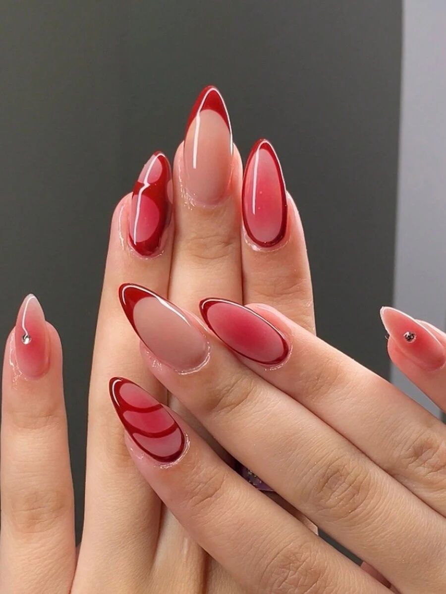 24Pcs/Set Gradient Red Romantic Line 3D Rhinestone Full Cover Nail Art Fake Nails, With 1Pc Jelly Gel And 1Pc Nail File, Suitable For Ladies And Girls As Party/Date Nail Art Accessories Press On Nails Nail Supplies Nails