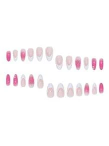 Una caja de 24 uñas de tacón stiletto medianas, con un elegante degradado de color rosa con acentos de pétalos blancos, que irradian un ambiente suave y refinado. Este set de uñas postizas incluye una lima de uñas y pegamento de gel, perfectas para todas las mujeres, ideales para uso diario, fiestas y ocasiones especiales, agregando un toque de delicado a tus dedos.