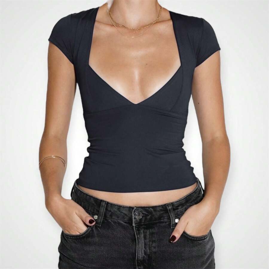 Short Sleeve V-Neck Blouse Polyamide Summer Fashion Aesthetic Coquette - Black - View 1