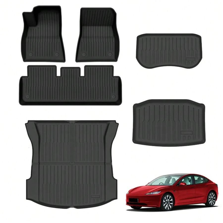 Floor Mats For Tesla For Model 3 Custom Fit 2021-2024 All-Weather Cargo Liner Rear Cargo Tray Trunk Floor Mat Interior Accessories (For Tesla For Model 3 2024 Highland *6Pcs) - 均碼 - 查看 1