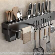 Kitchen Knife Rack With Removable Chopstick Holder, Towel Bar And Utensil Hooks, Wall Mounted Storage Organizer Without Drilling