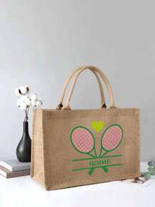 Customized Personalized Gift Bag With Tennis Racket Pattern Text, Suitable For Carrying Memories In Handbags, Large Capacity Waterproof Shopping Bags, Fashionable Storage Bags, And Super Linen Handbags. Suitable For Weddings, Birthdays, Beaches, And Holidays, The Best Gift To Give To Friends