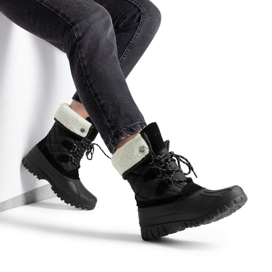 Women's Lace-Up Waterproof Splash-Proof Ankle Boots Faux Fur Fur Collar Warm Non-Slip Outdoor Snow Black Duck-Foot Boots(Please Order 1 Size Larger) - 黑色 - 查看 1